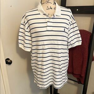 Polo Ralph Lauren Men's White Blue Black Striped Polo Shirt Work Office Preppy
